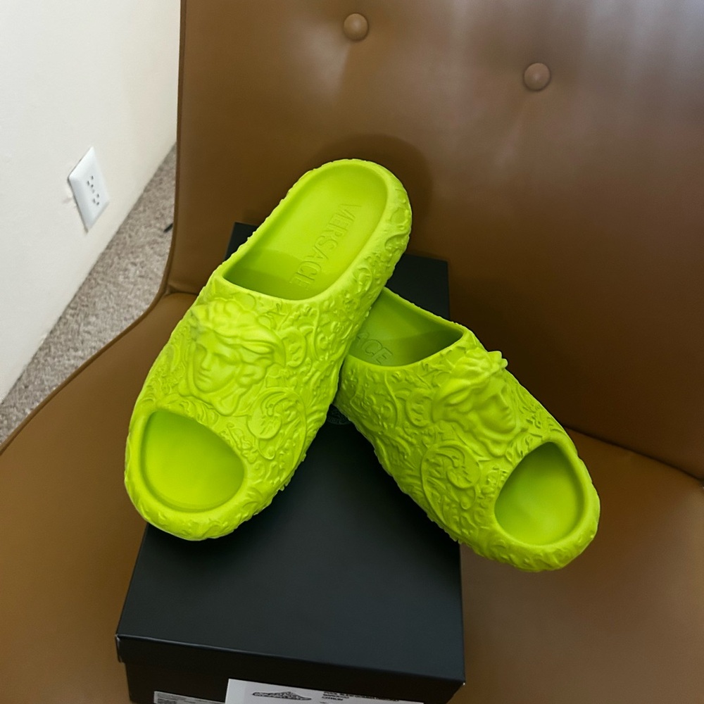 Versace green rubber slides